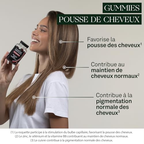 Gummies Pousse Cheveux - Stimule Le Bulbe Capillaire, Plante, Minéraux, Vitamines, Sans Sucres - 60 Gummies